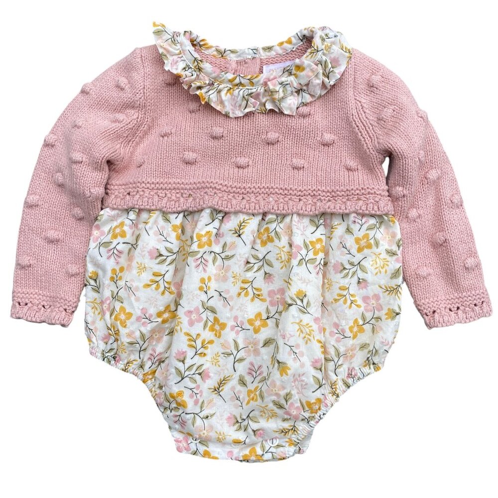 Shabby Chic Baby Girl Pink Knit Sweater Floral Bloomer One-Piece Outfit-0-3mos